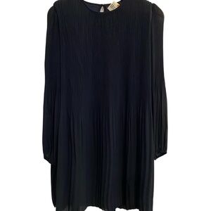 Quince Womens Navy Chiffon Pleated Long Sleeve Midi Dress sz S